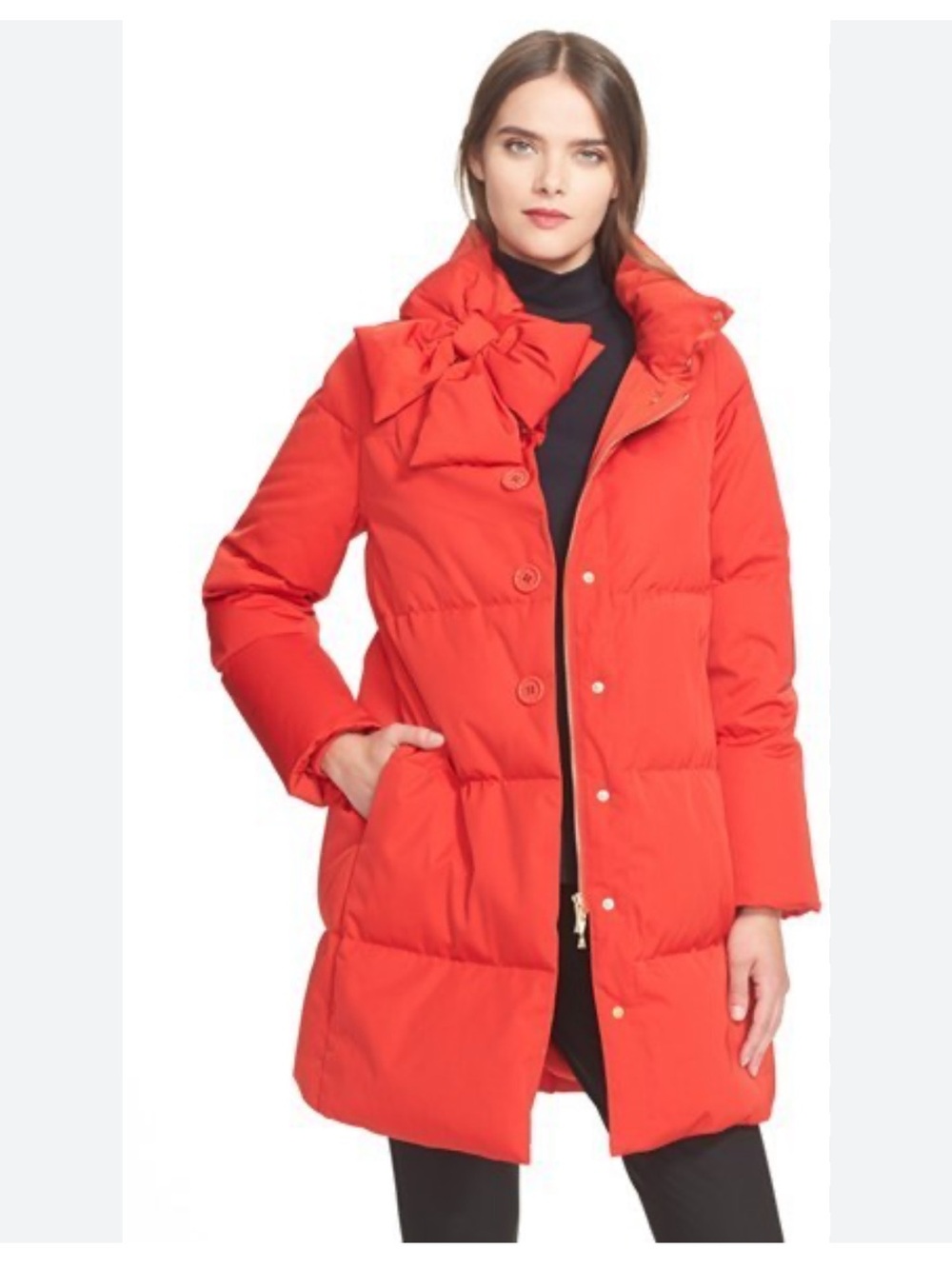 Kate Spade vibrant red puffer down feather coat large bow elegant feminine